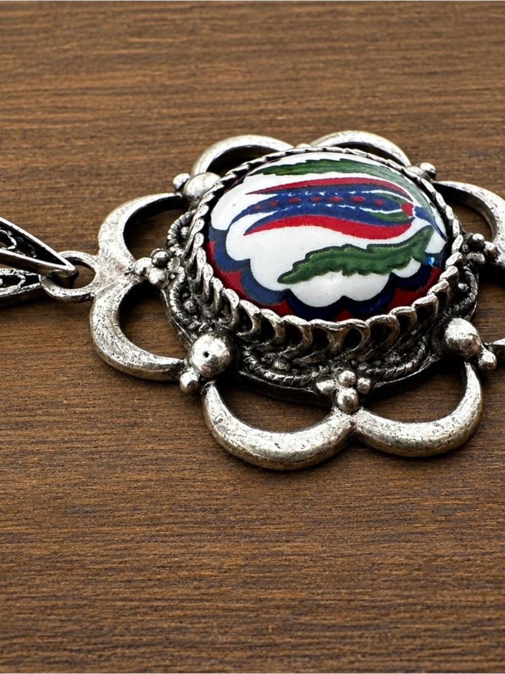Vintage Sterling Silver 925 Turkish Tulip Hand Painted Ornate Pendant - Picture 2 of 6
